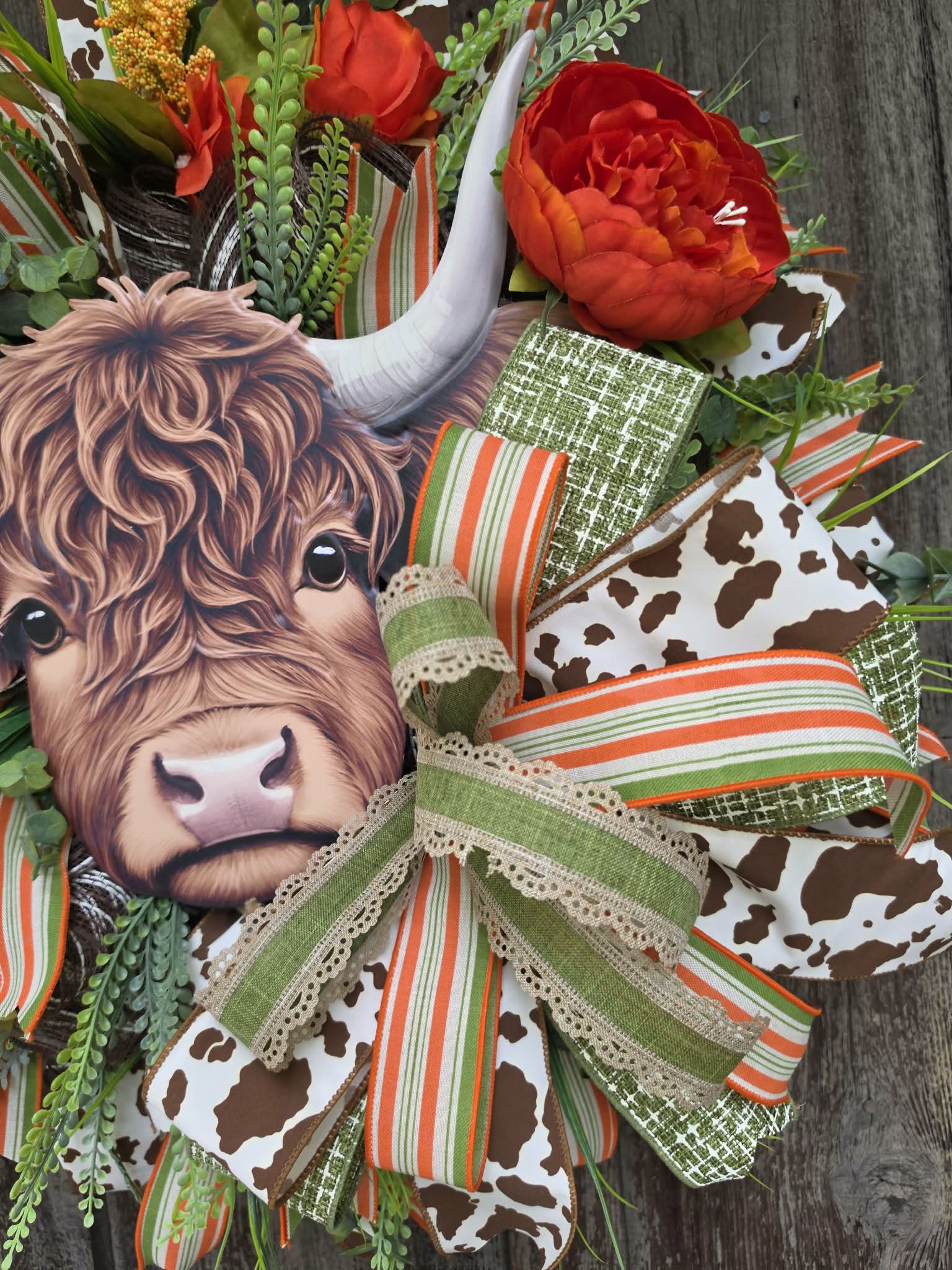 Highland Cow Fall Wreath – Rustic Farmhouse Door Wreath with Orange Florals