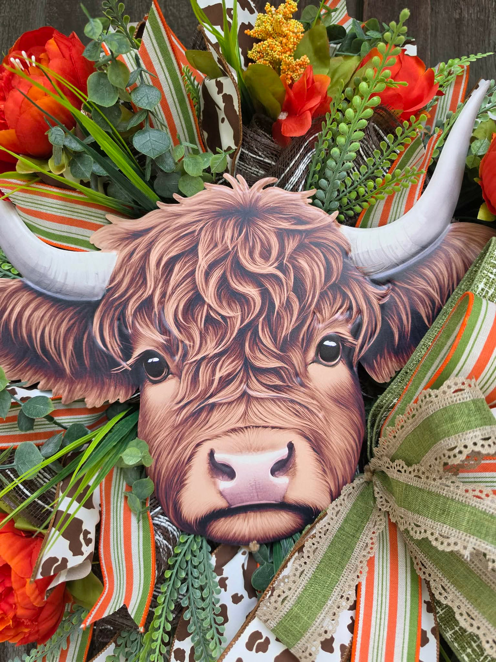 Highland Cow Fall Wreath – Rustic Farmhouse Door Wreath with Orange Florals