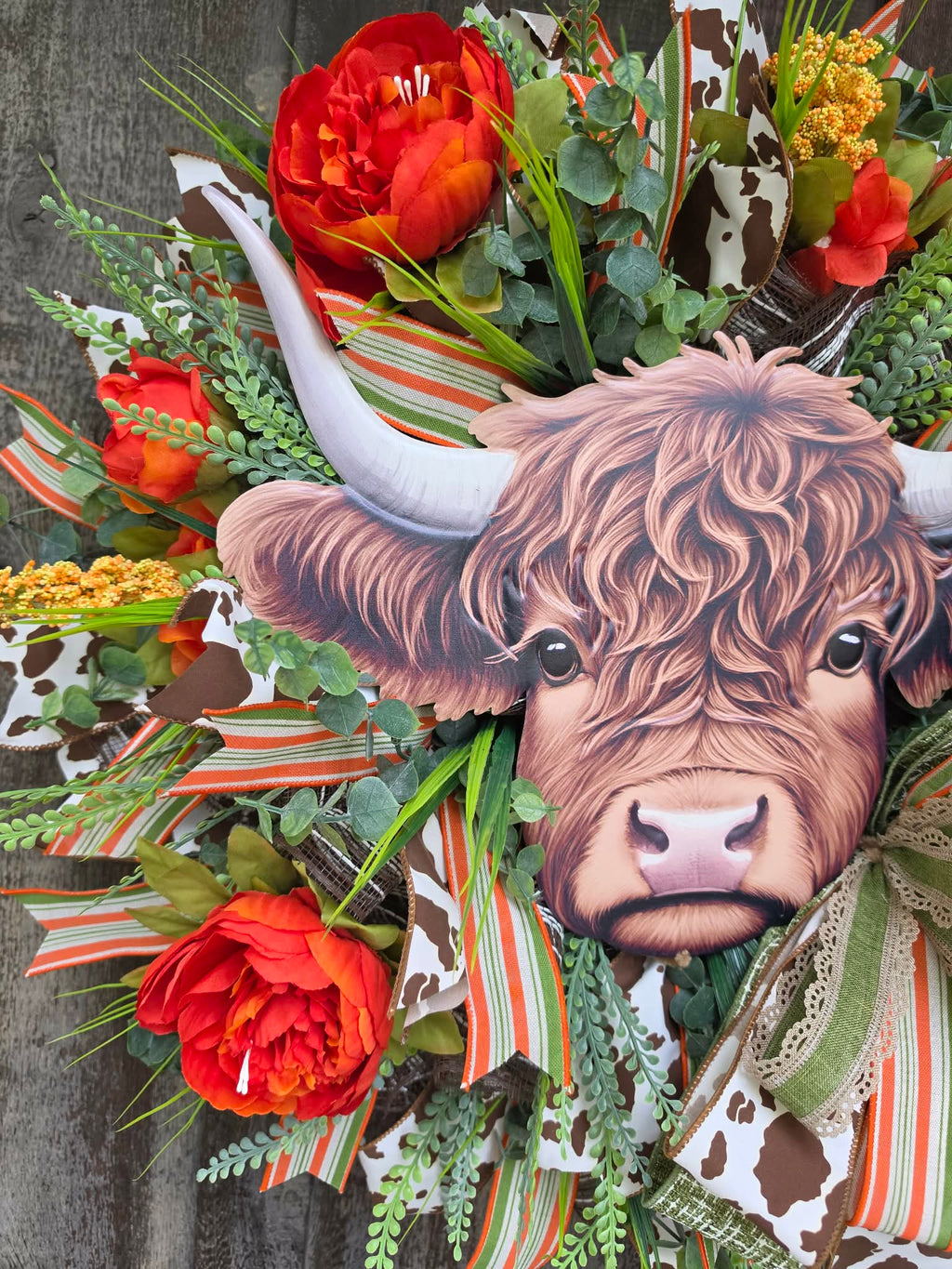 Highland Cow Fall Wreath – Rustic Farmhouse Door Wreath with Orange Florals