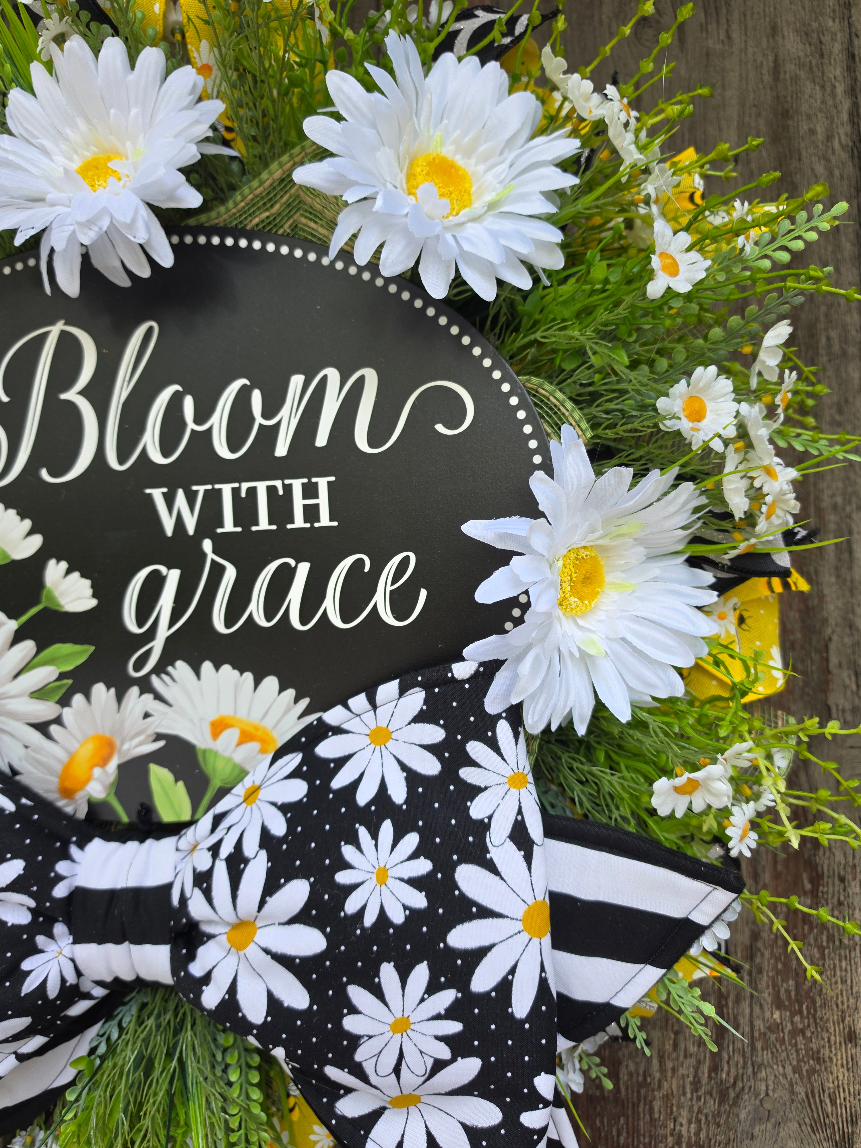 Bloom With Grace Daisy Wreath | Spring Summer Front Door Wreath | Black White Daisy Farmhouse Door Decor