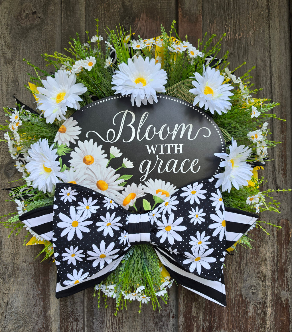 Bloom With Grace Daisy Wreath | Spring Summer Front Door Wreath | Black White Daisy Farmhouse Door Decor